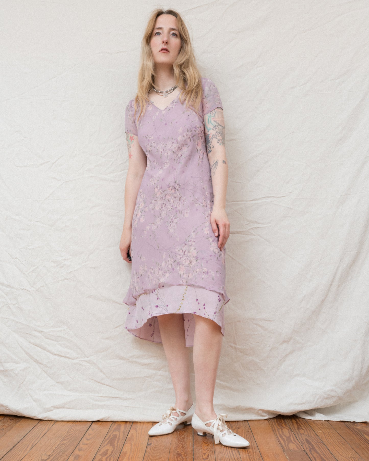 Vintage Lilac Floral Chiffon Dress (S/M)