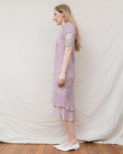 Vintage Lilac Floral Chiffon Dress (S/M)