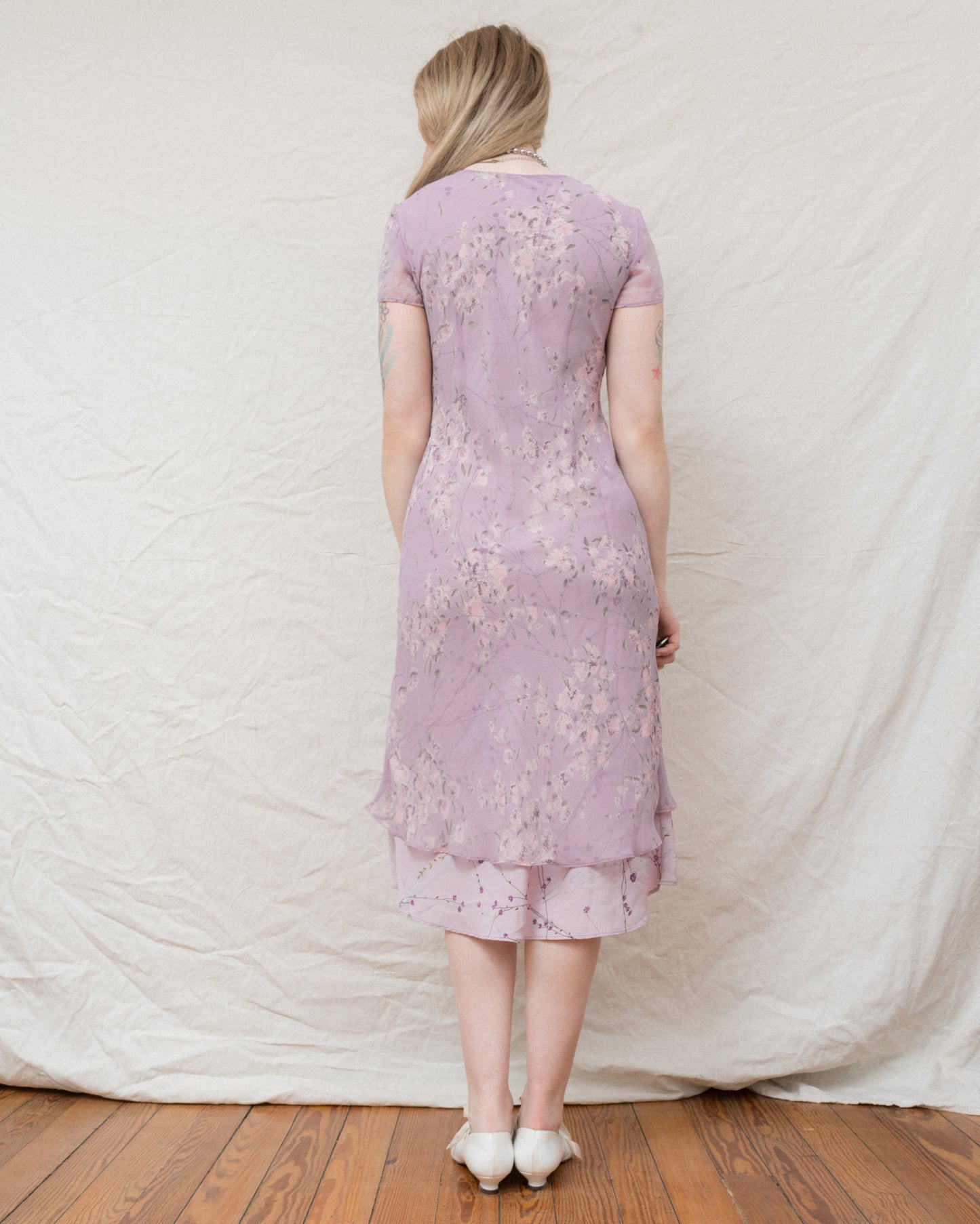 Vintage Lilac Floral Chiffon Dress (S/M)