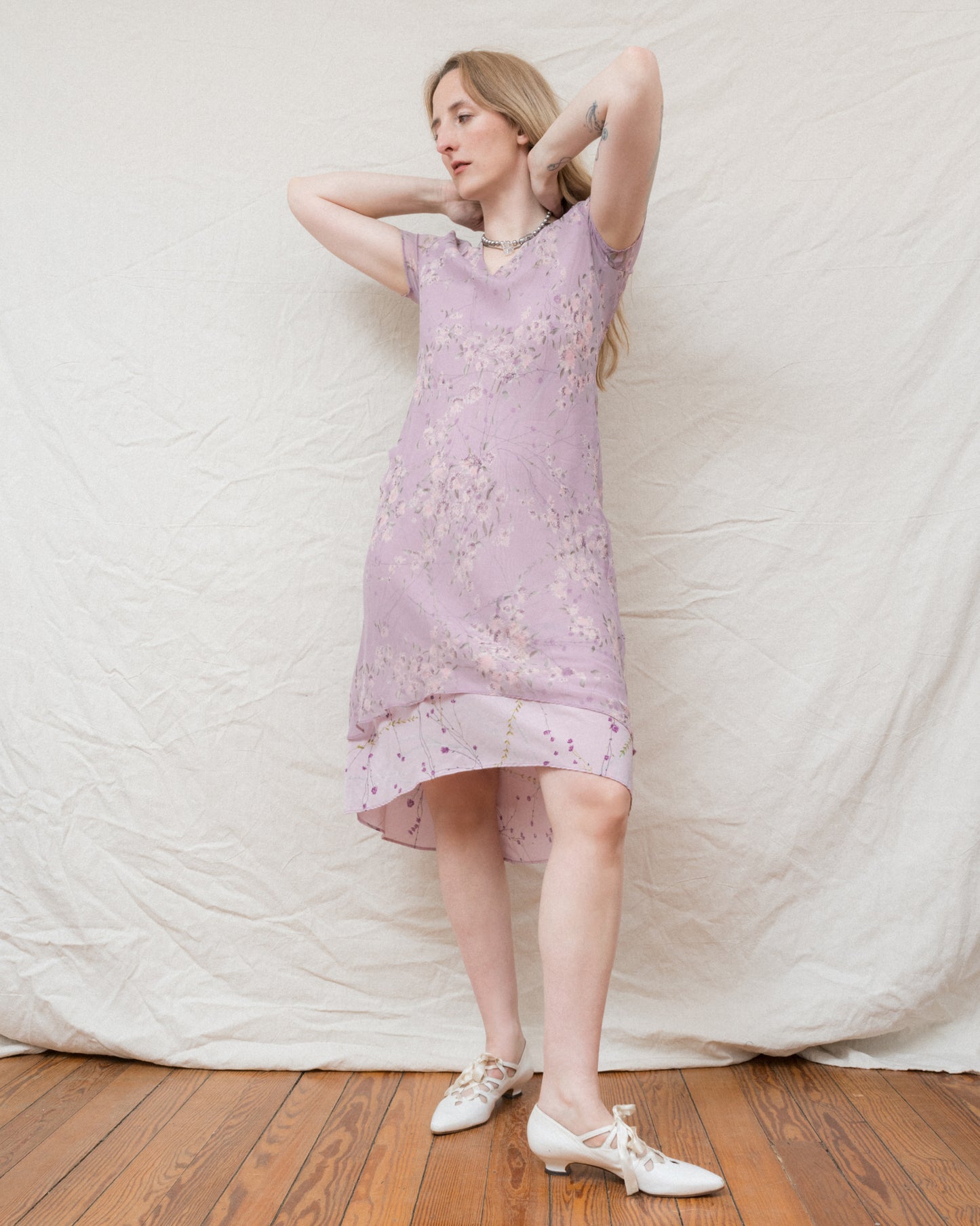 Vintage Lilac Floral Chiffon Dress (S/M)