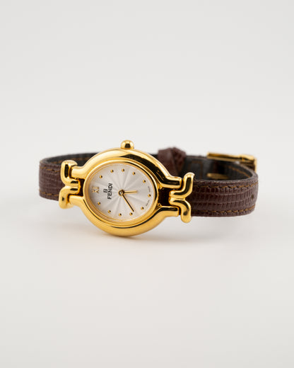90s FENDI 640L Gold Watch w/Brown Leather Band