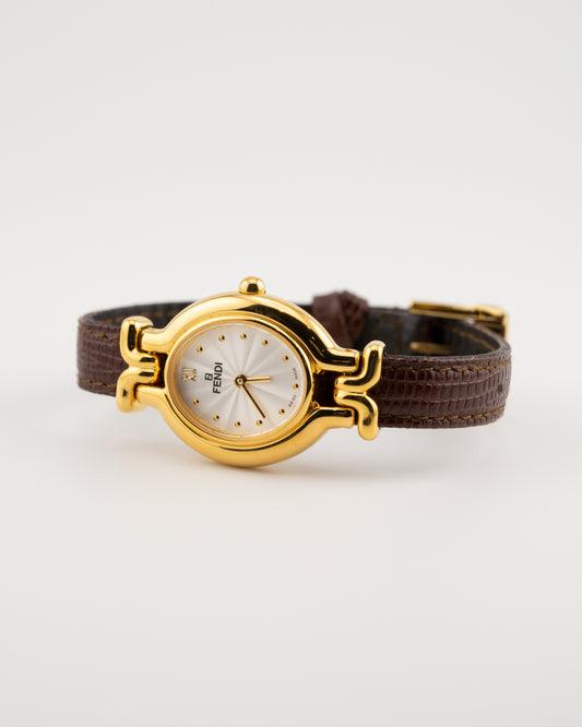 90s FENDI 640L Gold Watch w/Brown Leather Band