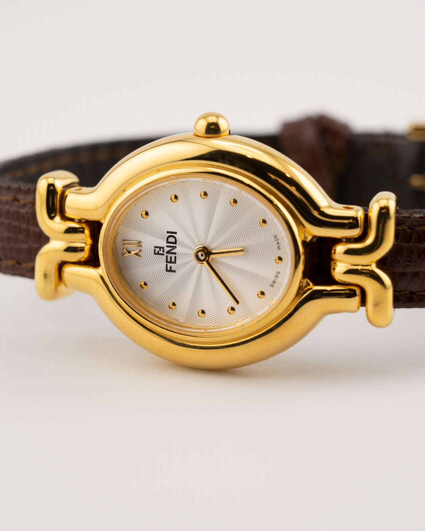 90s FENDI 640L Gold Watch w/Brown Leather Band