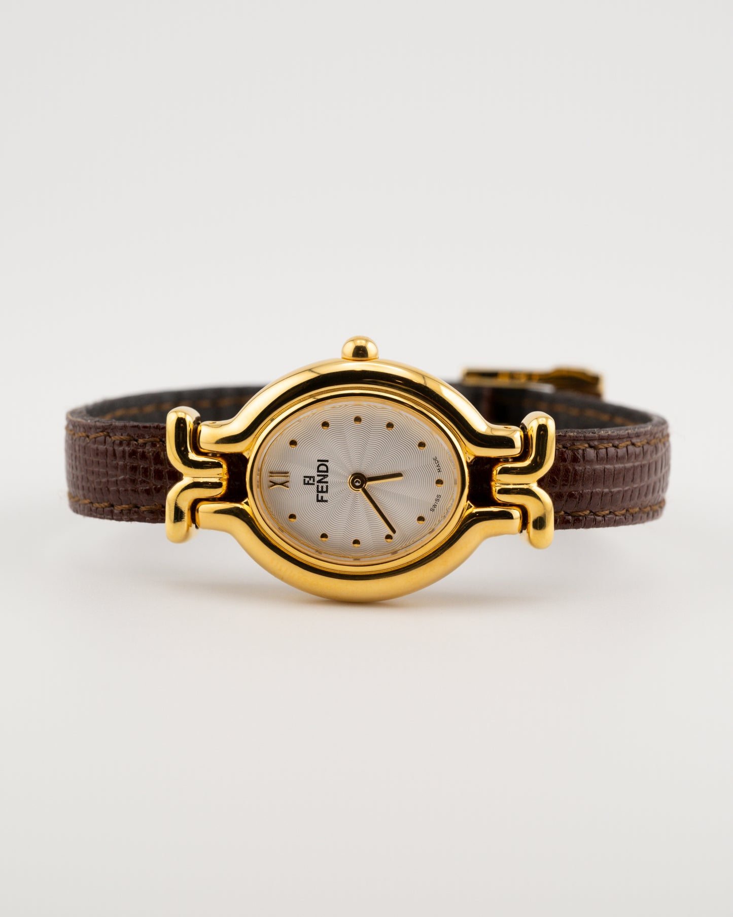 90s FENDI 640L Gold Watch w/Brown Leather Band