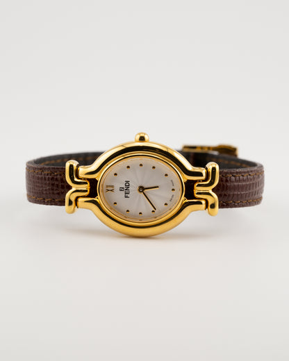 90s FENDI 640L Gold Watch w/Brown Leather Band
