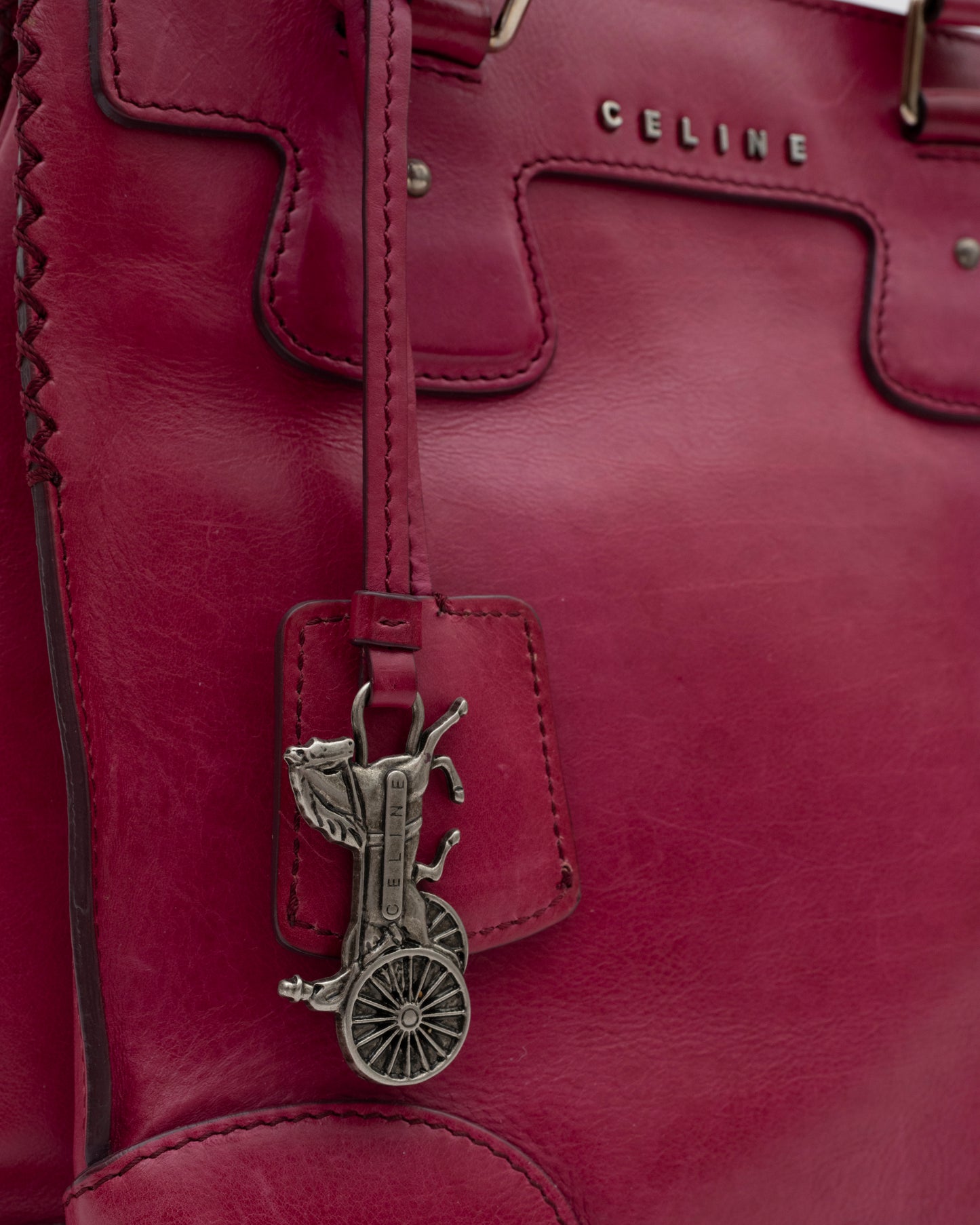 2000s CELINE Berry Leather Two-Way Bag w/Horse Carriage Charm