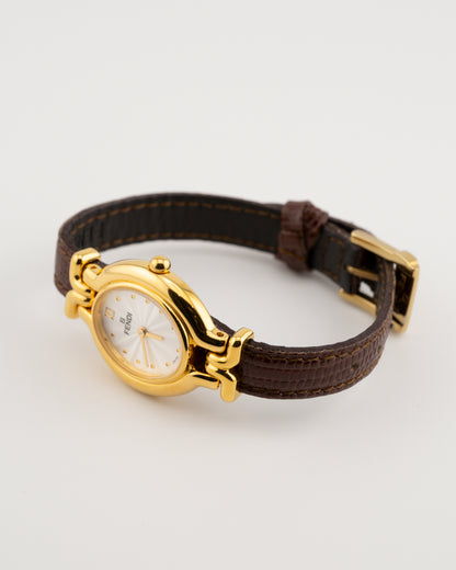 90s FENDI 640L Gold Watch w/Brown Leather Band