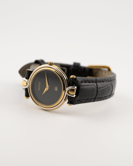 90s GUCCI 4500L Two Tone Leather Watch w/Black Dial