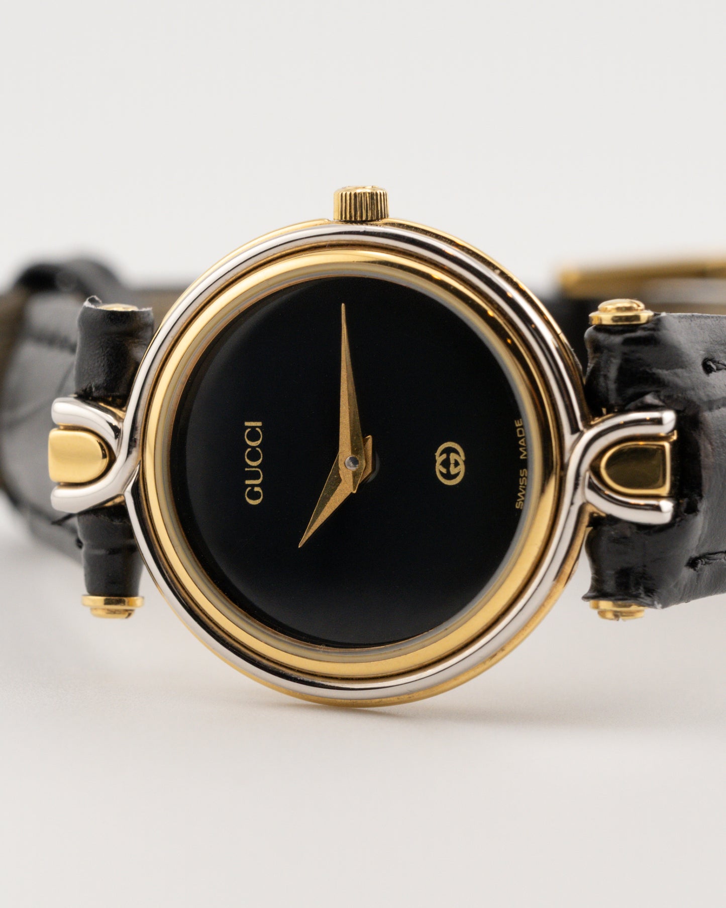 90s GUCCI 4500L Two Tone Leather Watch w/Black Dial