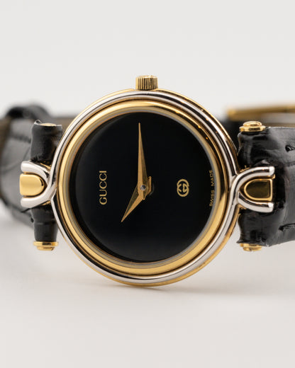 90s GUCCI 4500L Two Tone Leather Watch w/Black Dial