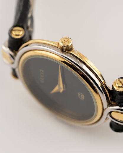 90s GUCCI 4500L Two Tone Leather Watch w/Black Dial