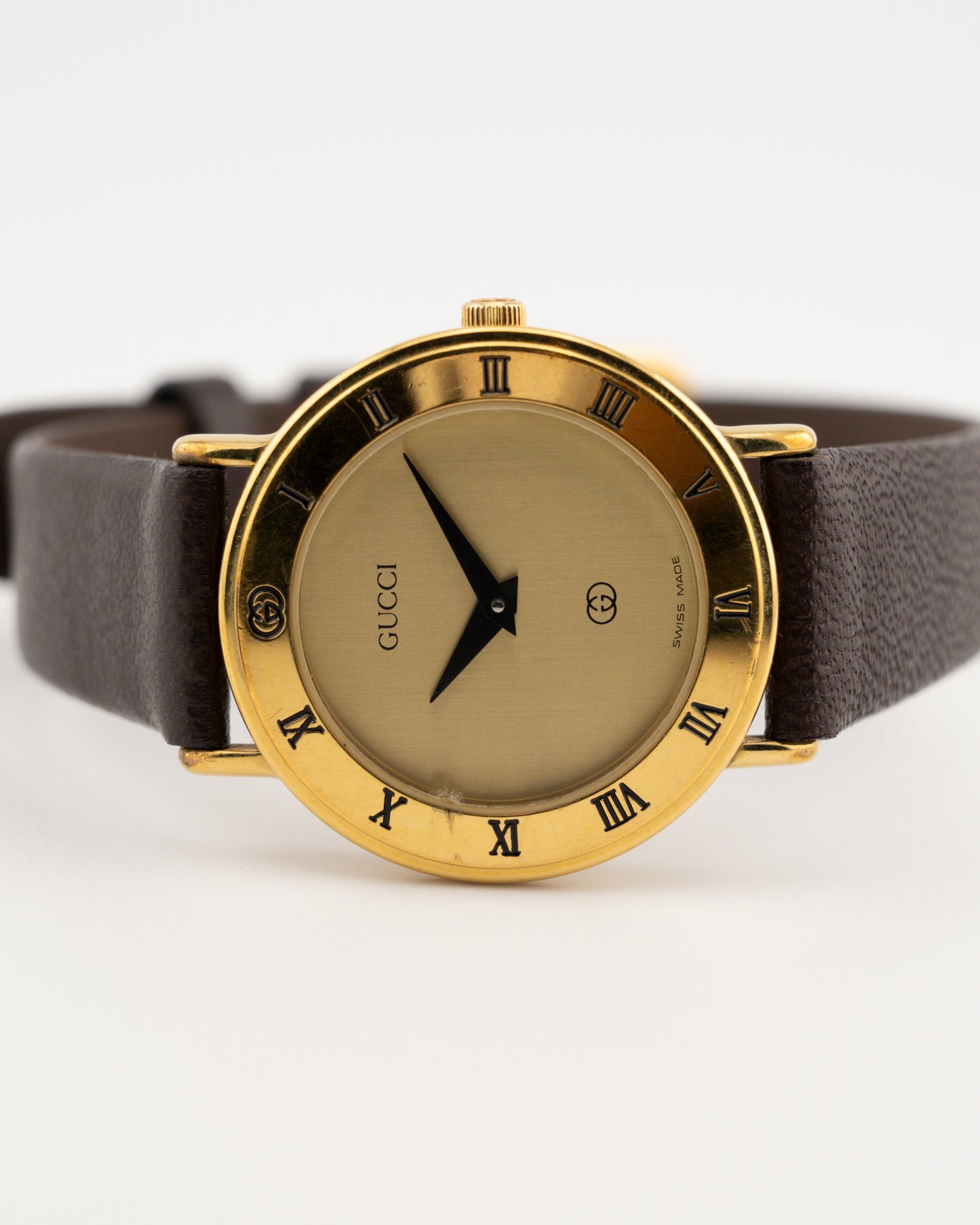90s GUCCI 3000L Gold Watch w/Brown Leather Band