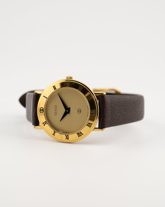 90s GUCCI 3000L Gold Watch w/Brown Leather Band