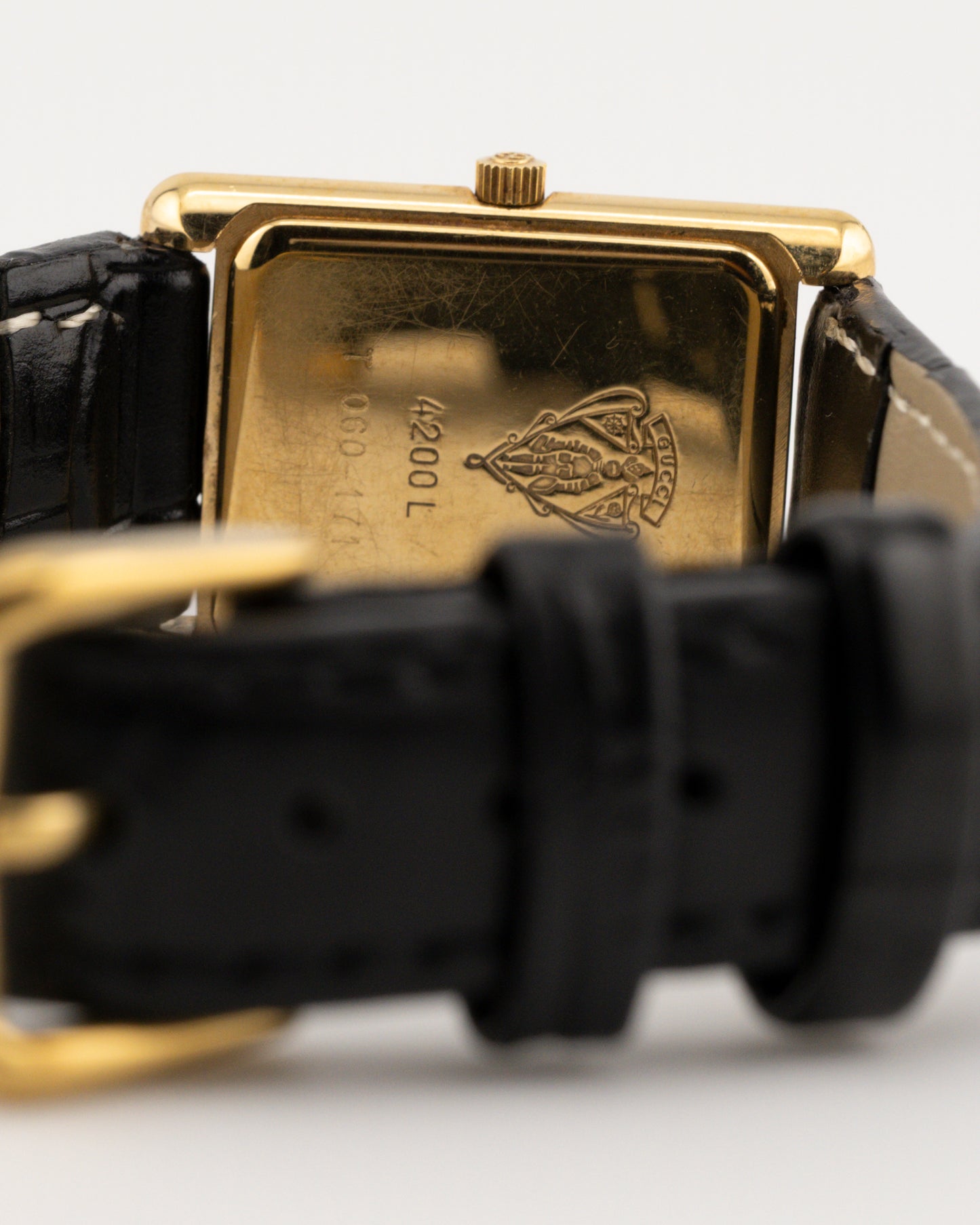 90s GUCCI 4200L Tank Watch w/Black Leather Band