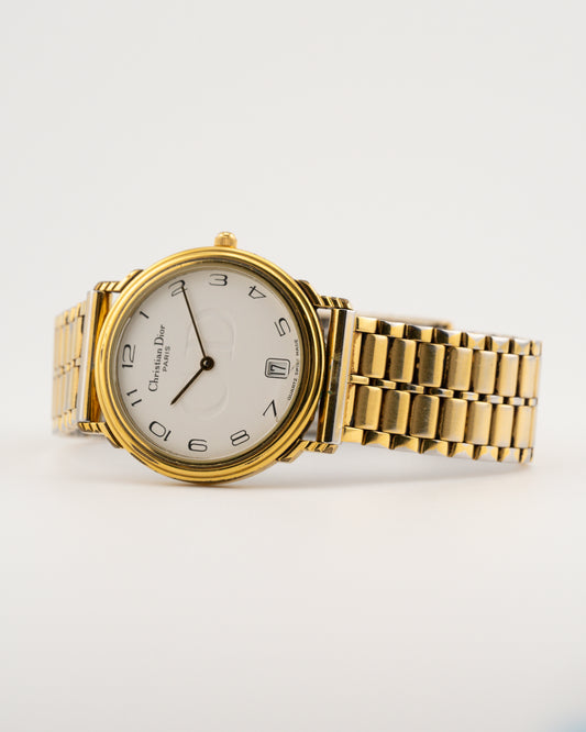 90s CHRISTIAN DIOR 45.122.3 Gold Round Watch w/Date Dial