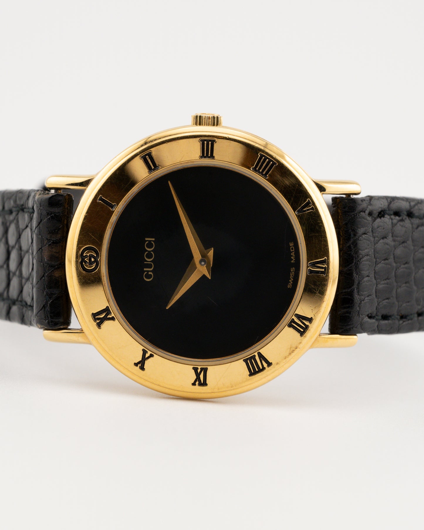 90s GUCCI 3000L Gold Watch w/Black Leather Band