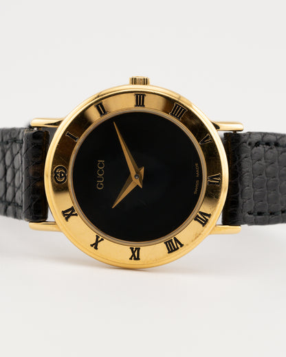 90s GUCCI 3000L Gold Watch w/Black Leather Band