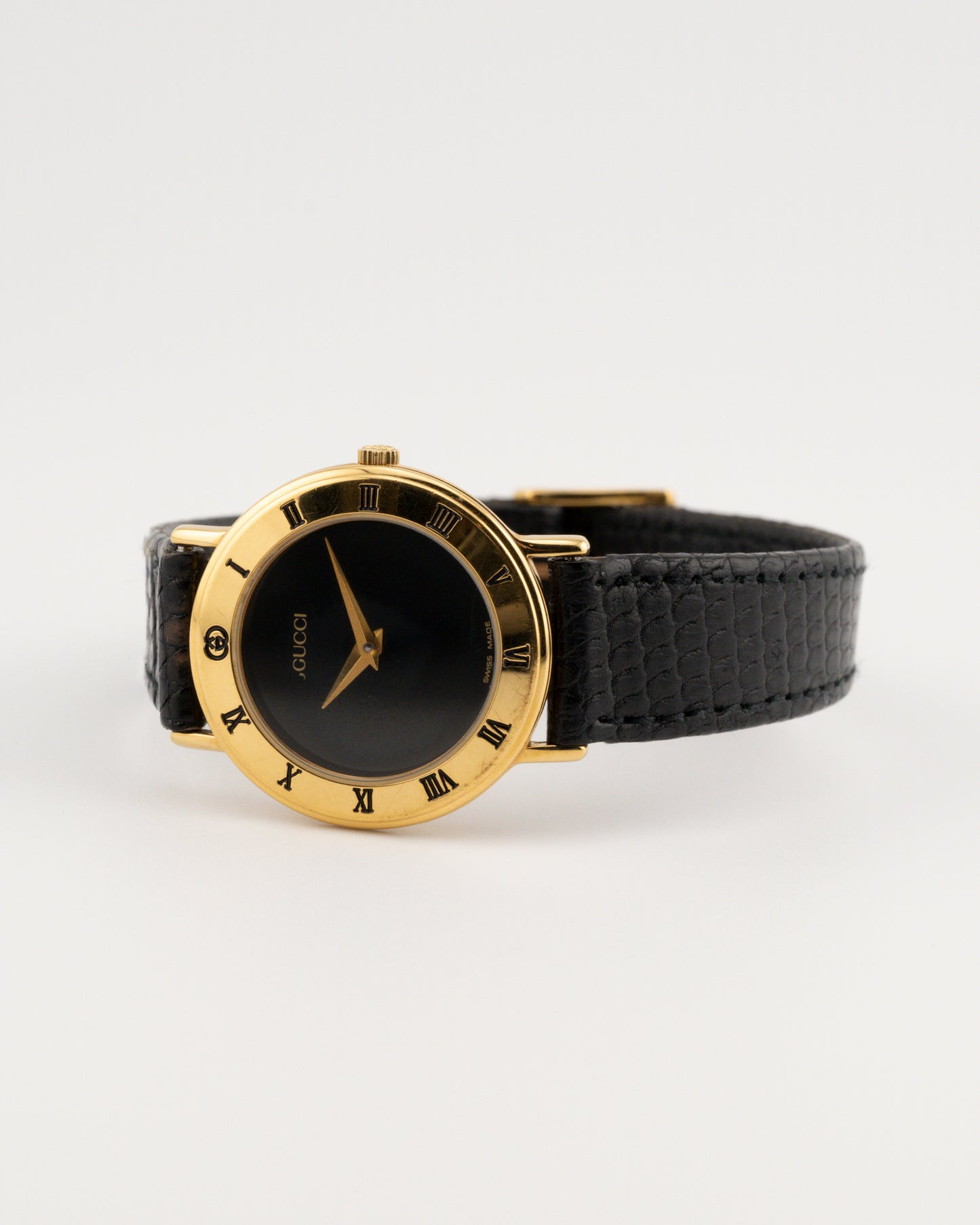 90s GUCCI 3000L Gold Watch w/Black Leather Band