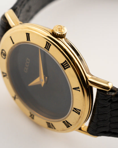 90s GUCCI 3000L Gold Watch w/Black Leather Band