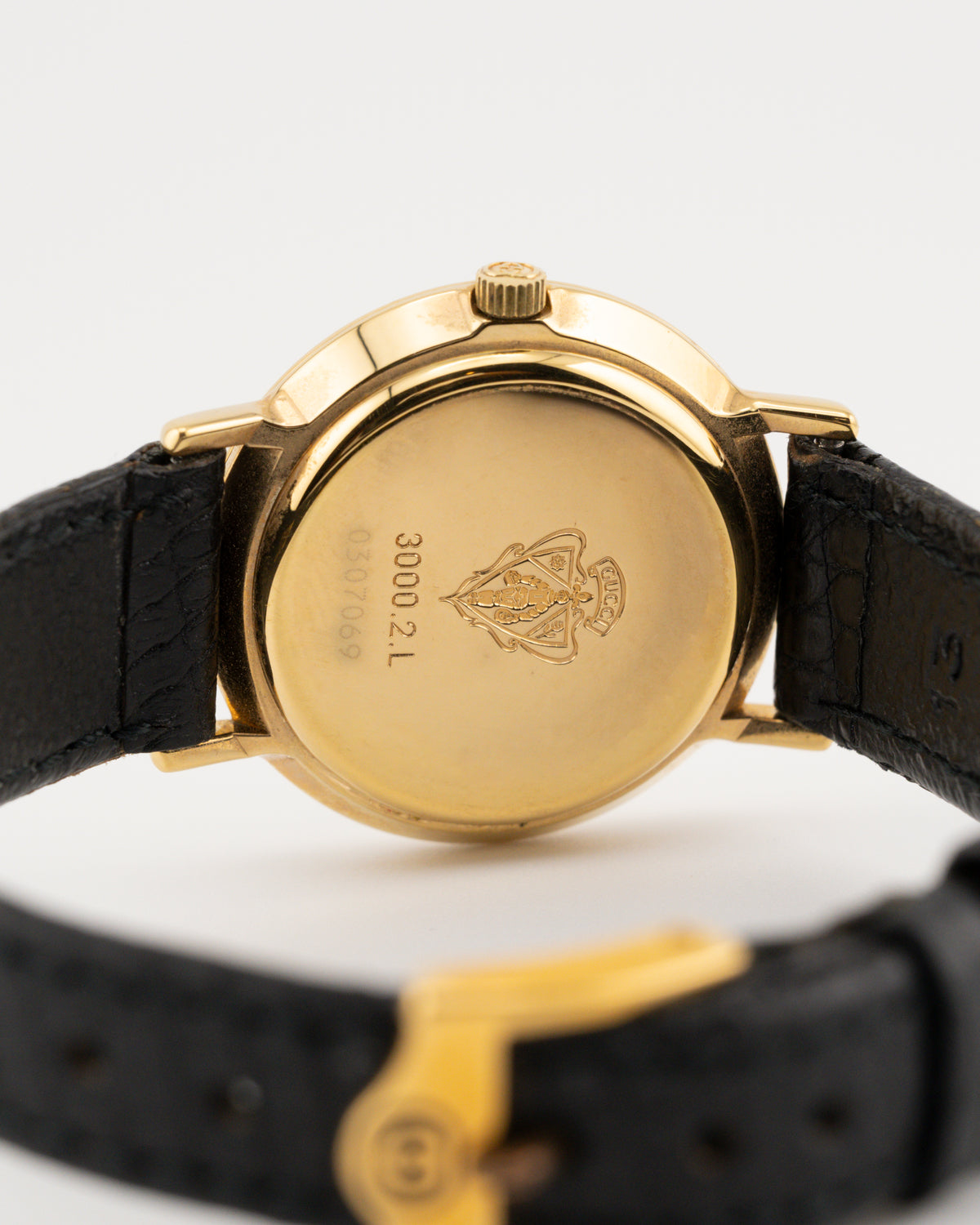 90s GUCCI 3000L Gold Watch w/Black Leather Band