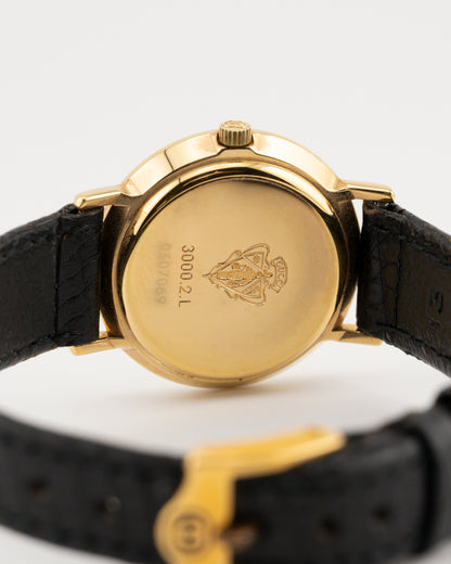 90s GUCCI 3000L Gold Watch w/Black Leather Band