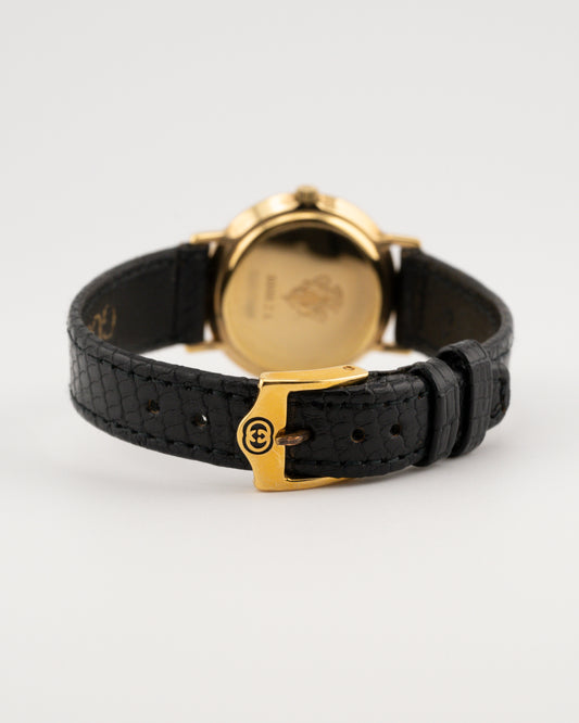 90s GUCCI 3000L Gold Watch w/Black Leather Band