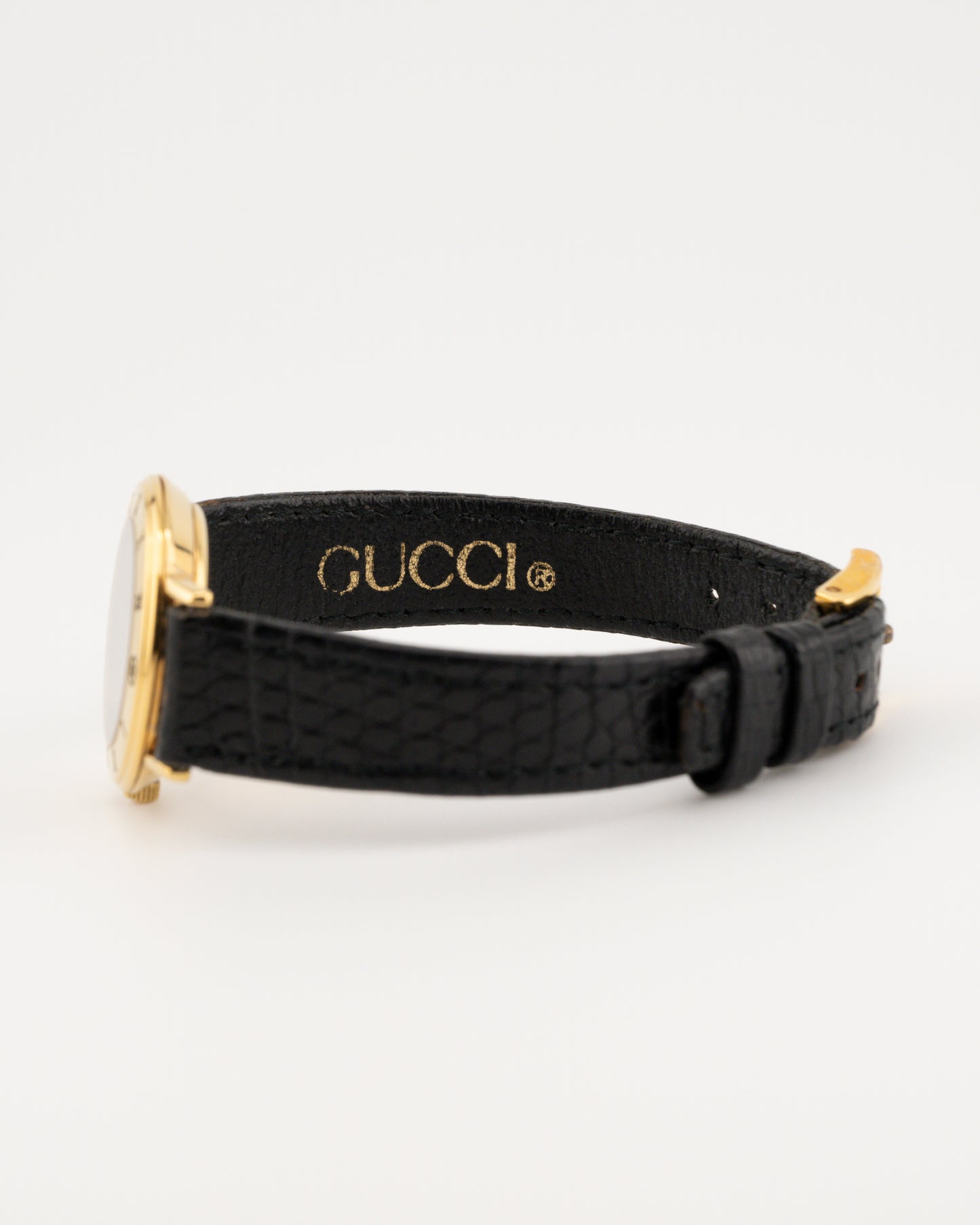 90s GUCCI 3000L Gold Watch w/Black Leather Band