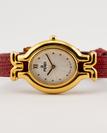 90s FENDI 640L Gold Watch w/Red Leather Band