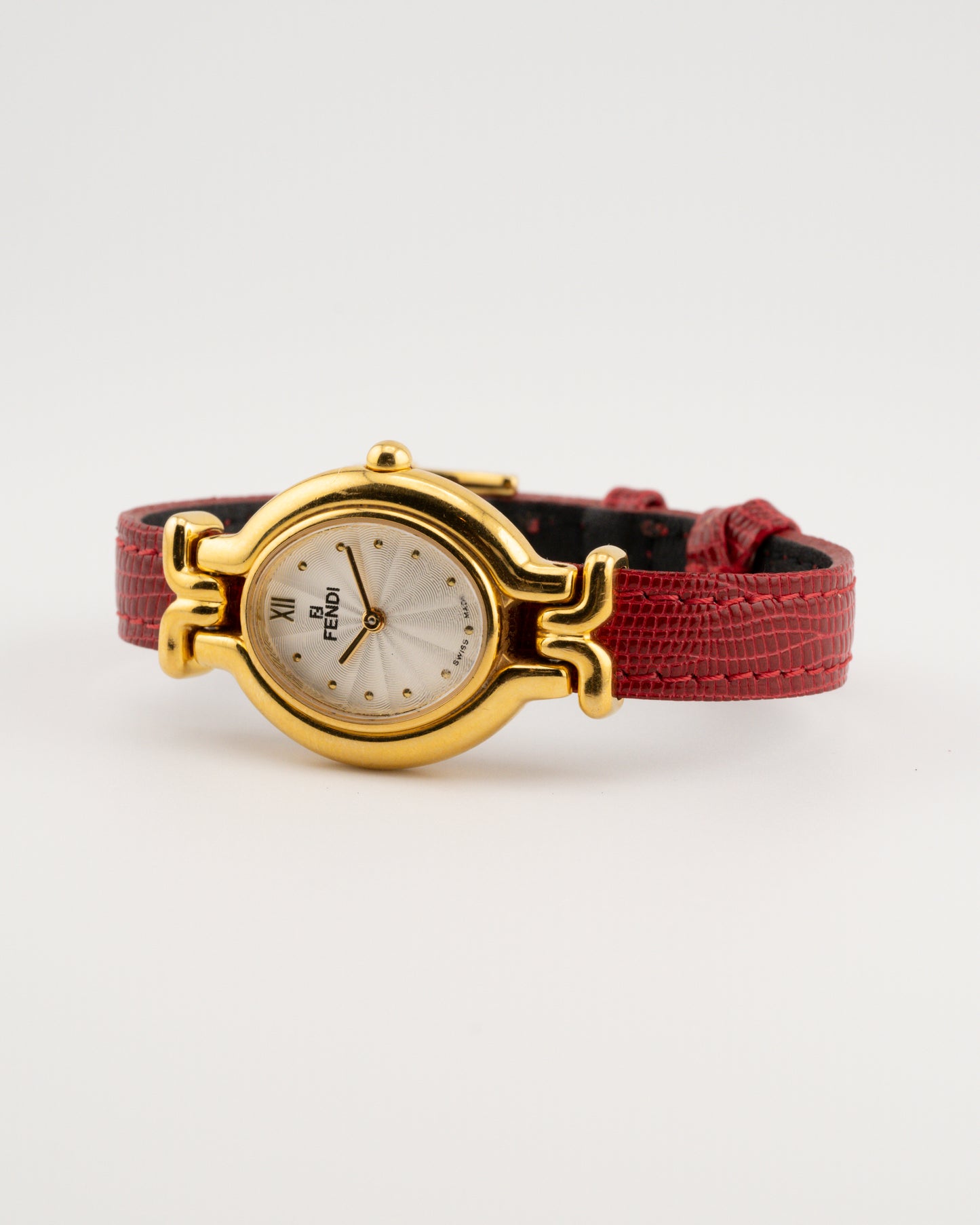90s FENDI 640L Gold Watch w/Red Leather Band