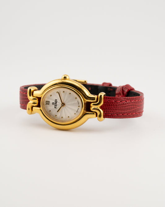 90s FENDI 640L Gold Watch w/Red Leather Band