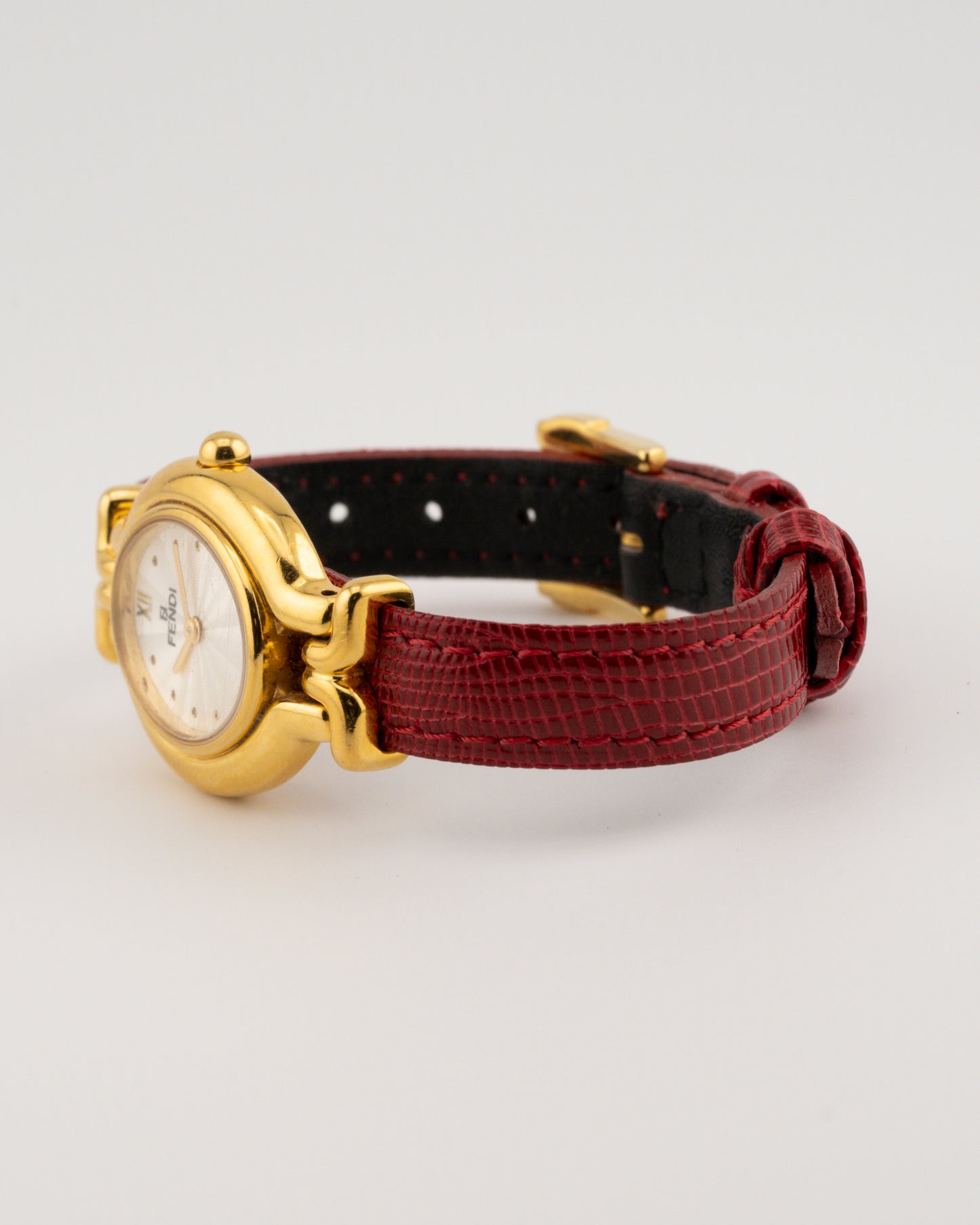 90s FENDI 640L Gold Watch w/Red Leather Band