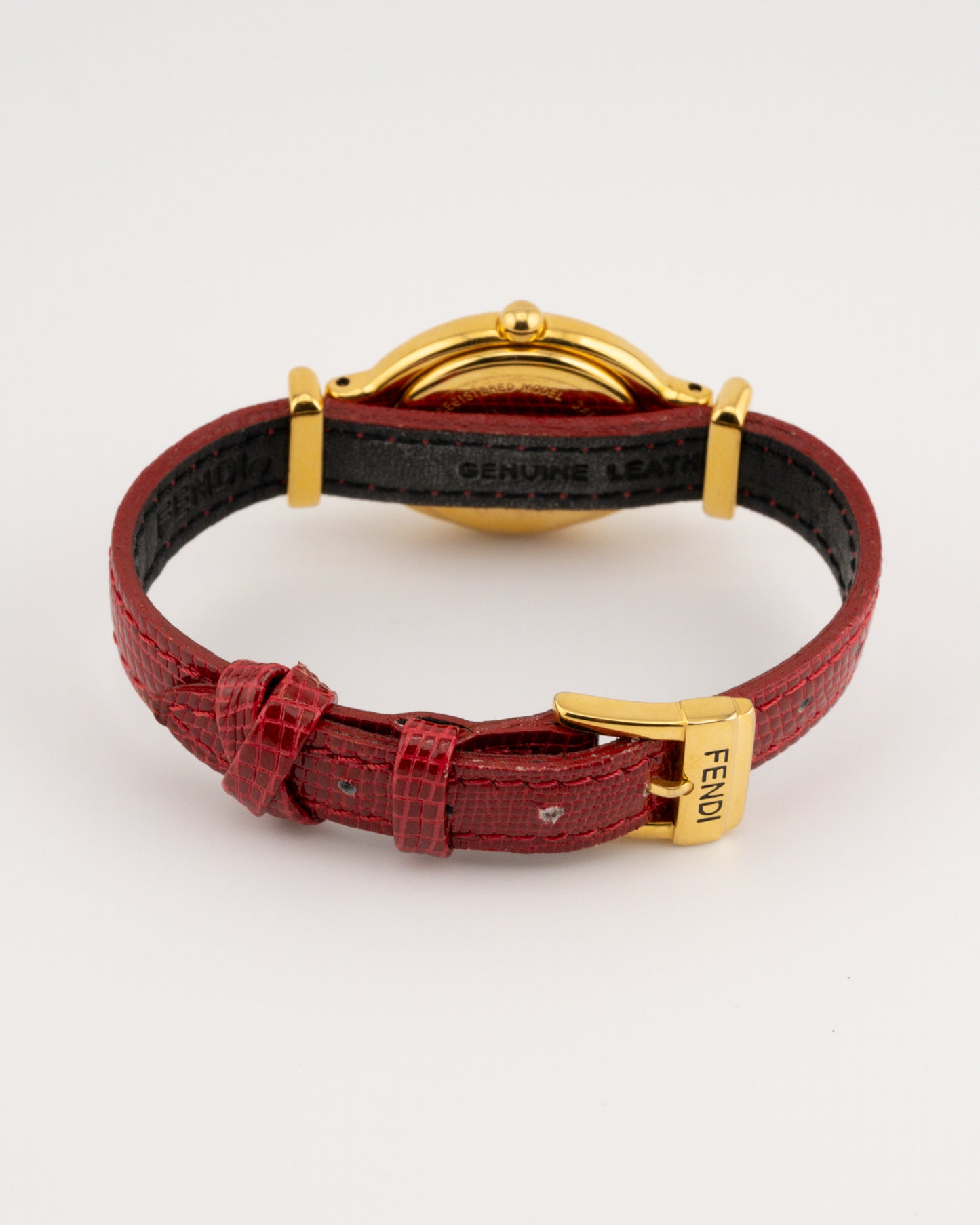 90s FENDI 640L Gold Watch w/Red Leather Band