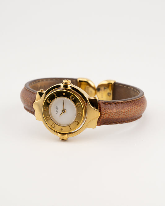 90s GUCCI 6600L Reverso Brown Leather Bangle Watch