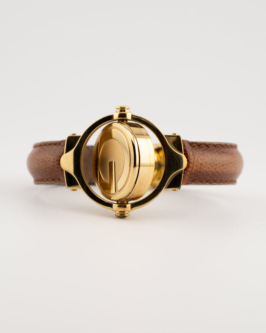 90s GUCCI 6600L Reverso Brown Leather Bangle Watch