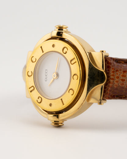 90s GUCCI 6600L Reverso Brown Leather Bangle Watch