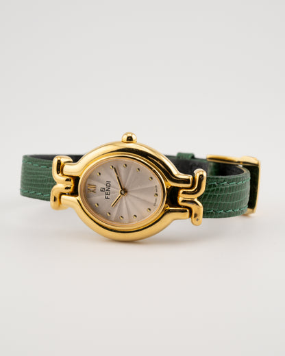 90s FENDI 640L Gold Watch w/Green Leather Band