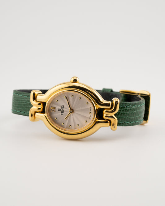 90s FENDI 640L Gold Watch w/Green Leather Band