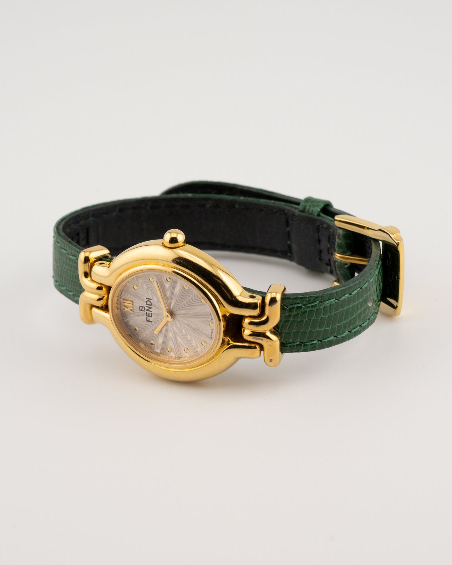 90s FENDI 640L Gold Watch w/Green Leather Band