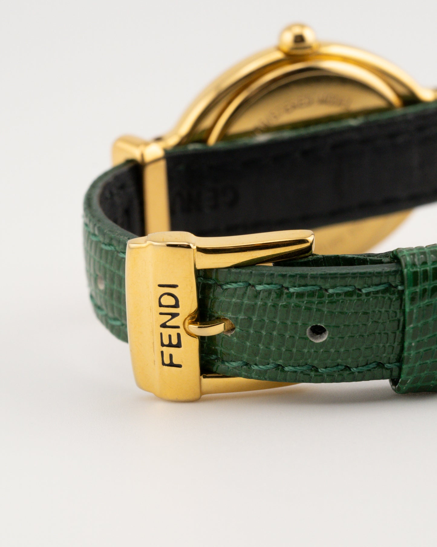 90s FENDI 640L Gold Watch w/Green Leather Band