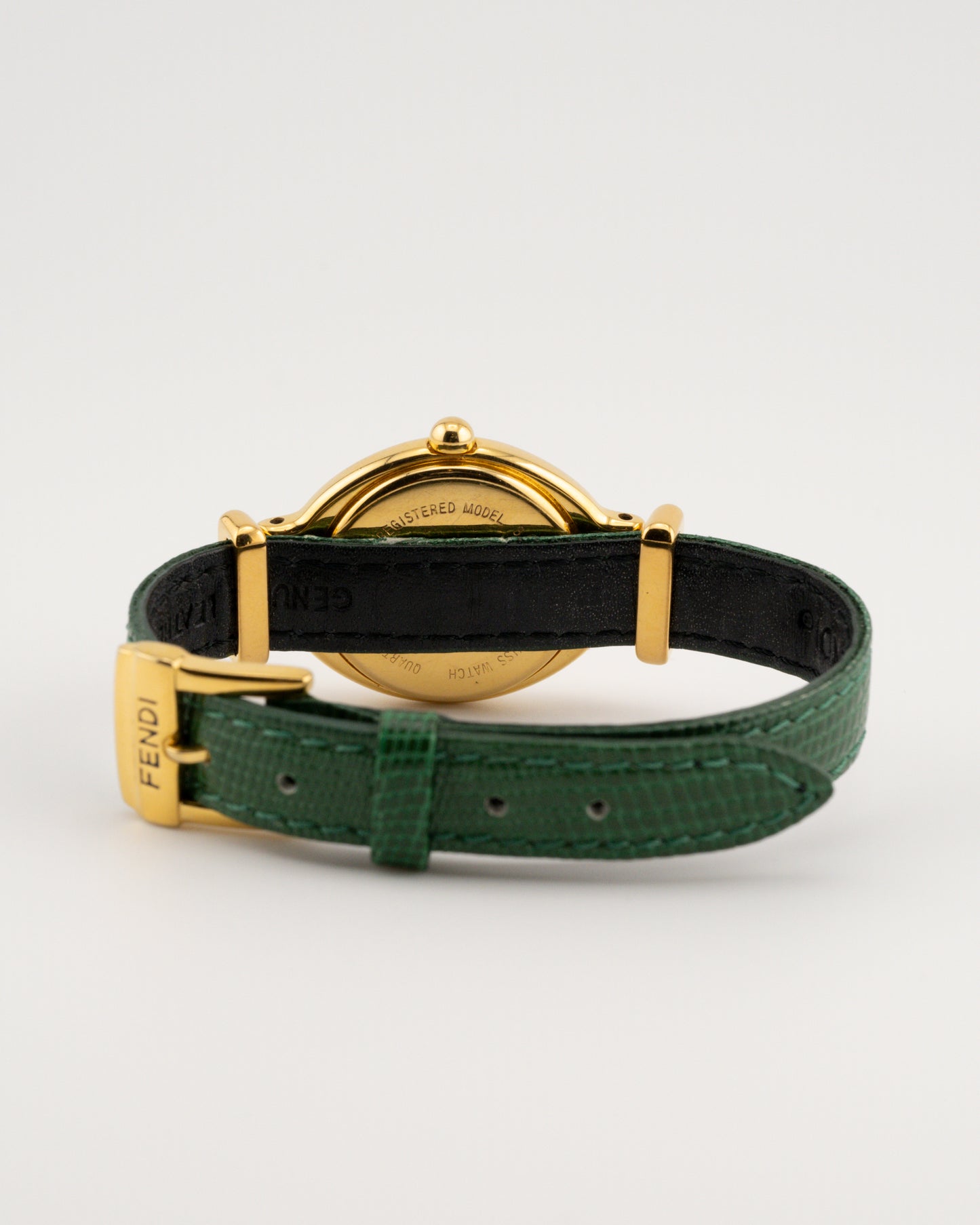 90s FENDI 640L Gold Watch w/Green Leather Band