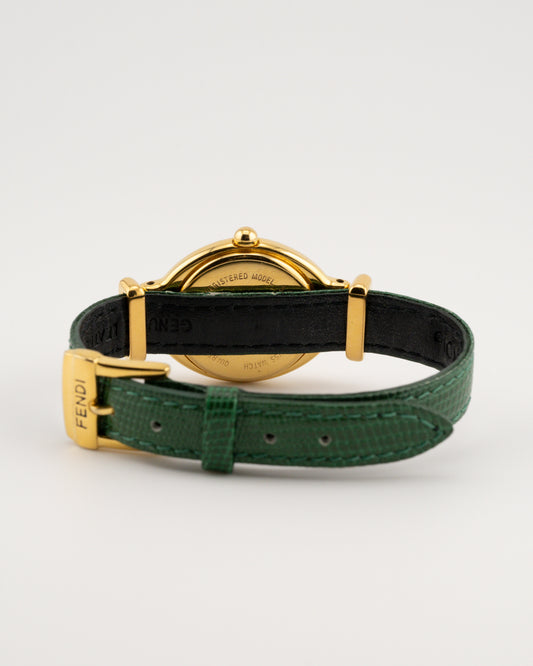 90s FENDI 640L Gold Watch w/Green Leather Band