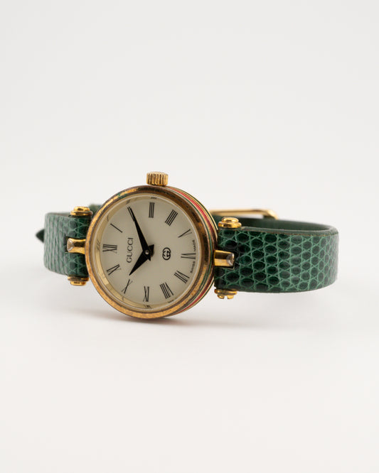 90s GUCCI 2000L Sherry Line Watch w/Green Leather Band