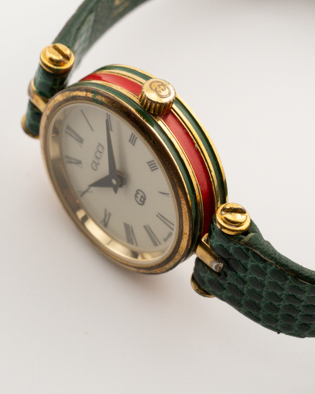 90s GUCCI 2000L Sherry Line Watch w/Green Leather Band
