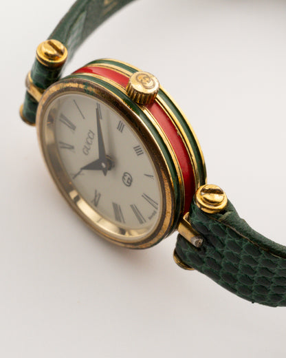 90s GUCCI 2000L Sherry Line Watch w/Green Leather Band