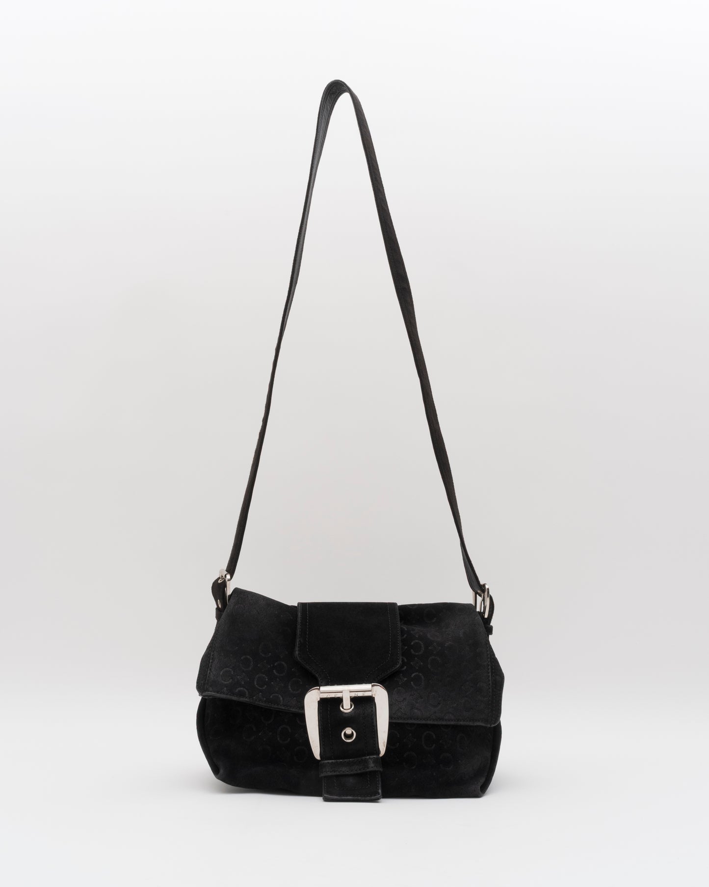 2000s CELINE Black C Macadam Suede Flap Shoulder Bag