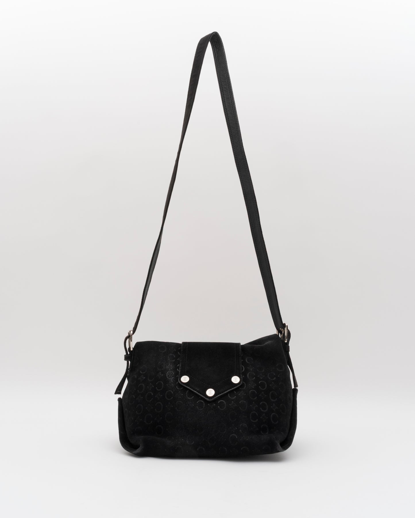 2000s CELINE Black C Macadam Suede Flap Shoulder Bag
