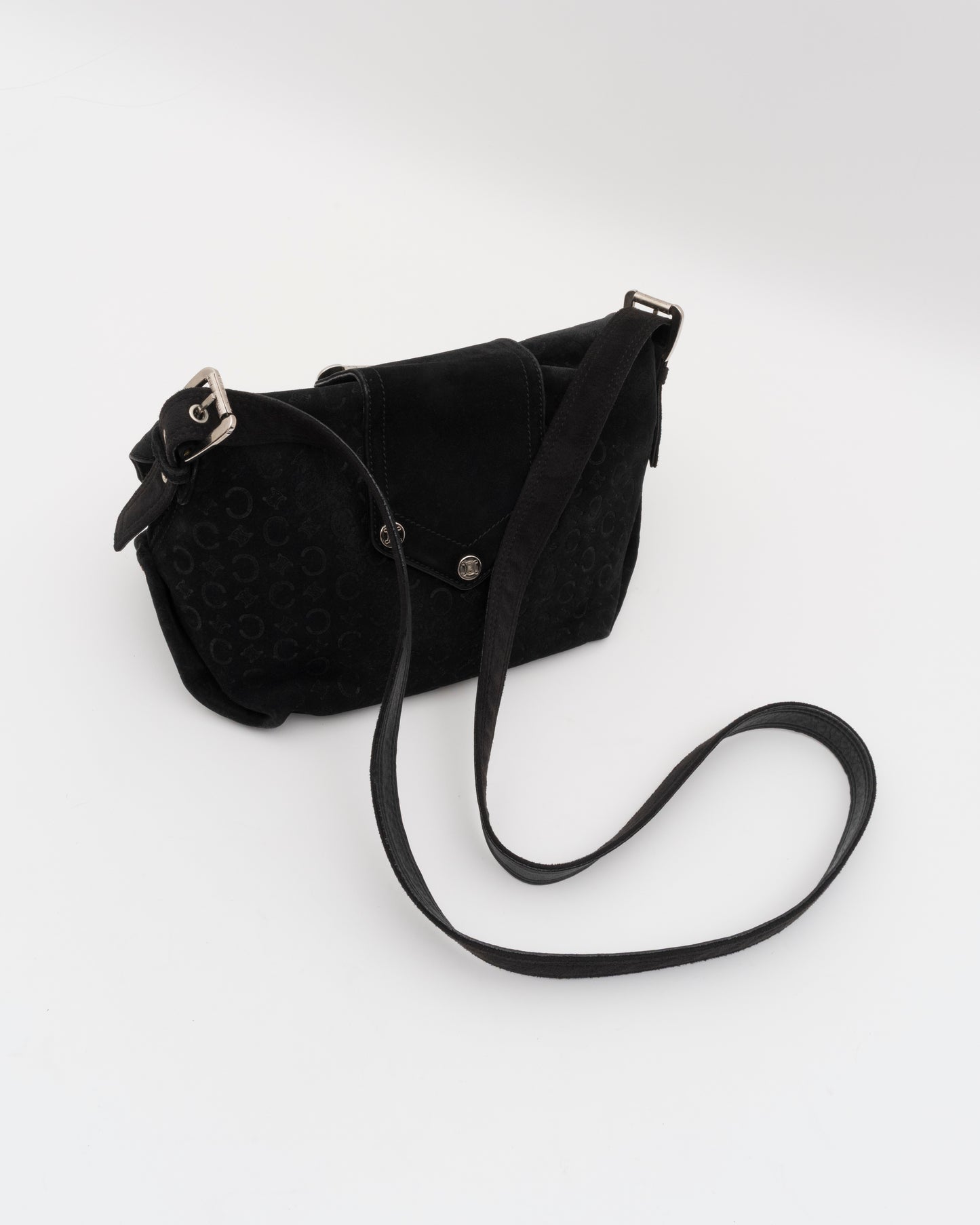 2000s CELINE Black C Macadam Suede Flap Shoulder Bag