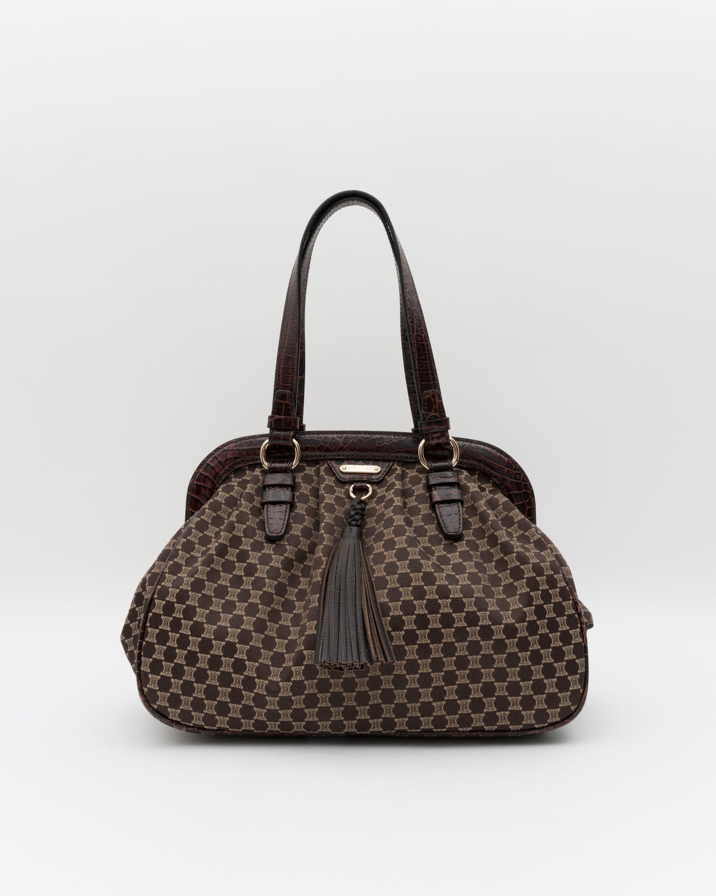 2000s CELINE Brown Triomphe Jacquard & Croc Bag