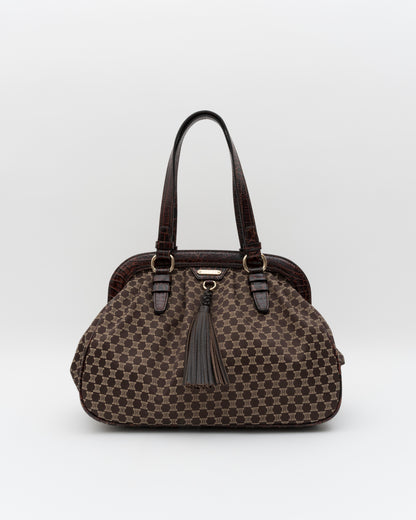 2000s CELINE Brown Triomphe Jacquard & Croc Bag
