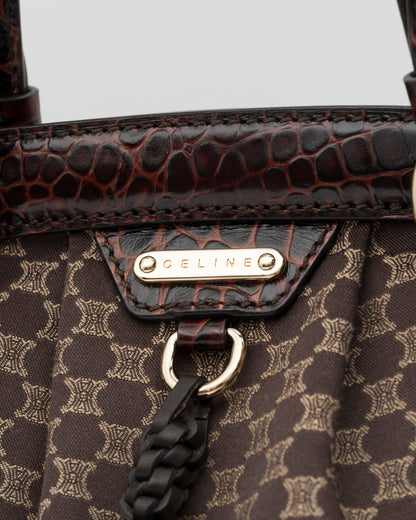 2000s CELINE Brown Triomphe Jacquard & Croc Bag